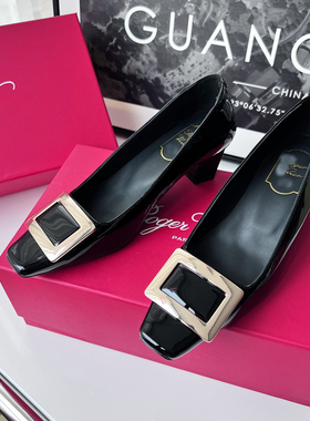 顶版rv意大利真皮底方扣漆皮单鞋浅口方跟洛丽塔鞋名媛日常通勤鞋