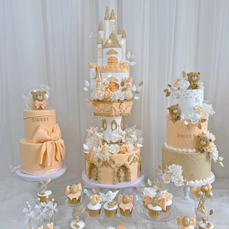 蝴蝶结小熊翻糖橘色系婚礼婚宴小清新甜品台装扮仿真生日蛋糕模型