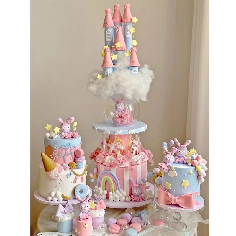 空中城堡宝宝生日宴多巴胺儿童卡通甜品台塑胶仿真生日蛋糕模型