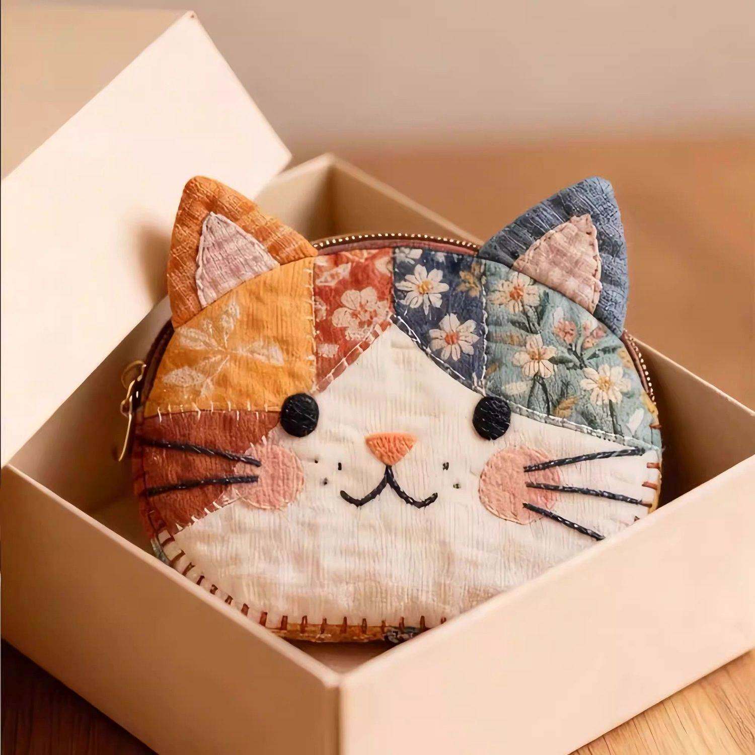 日系可爱卡通猫拼色布艺零钱包ins少女心随身杂物收纳小包