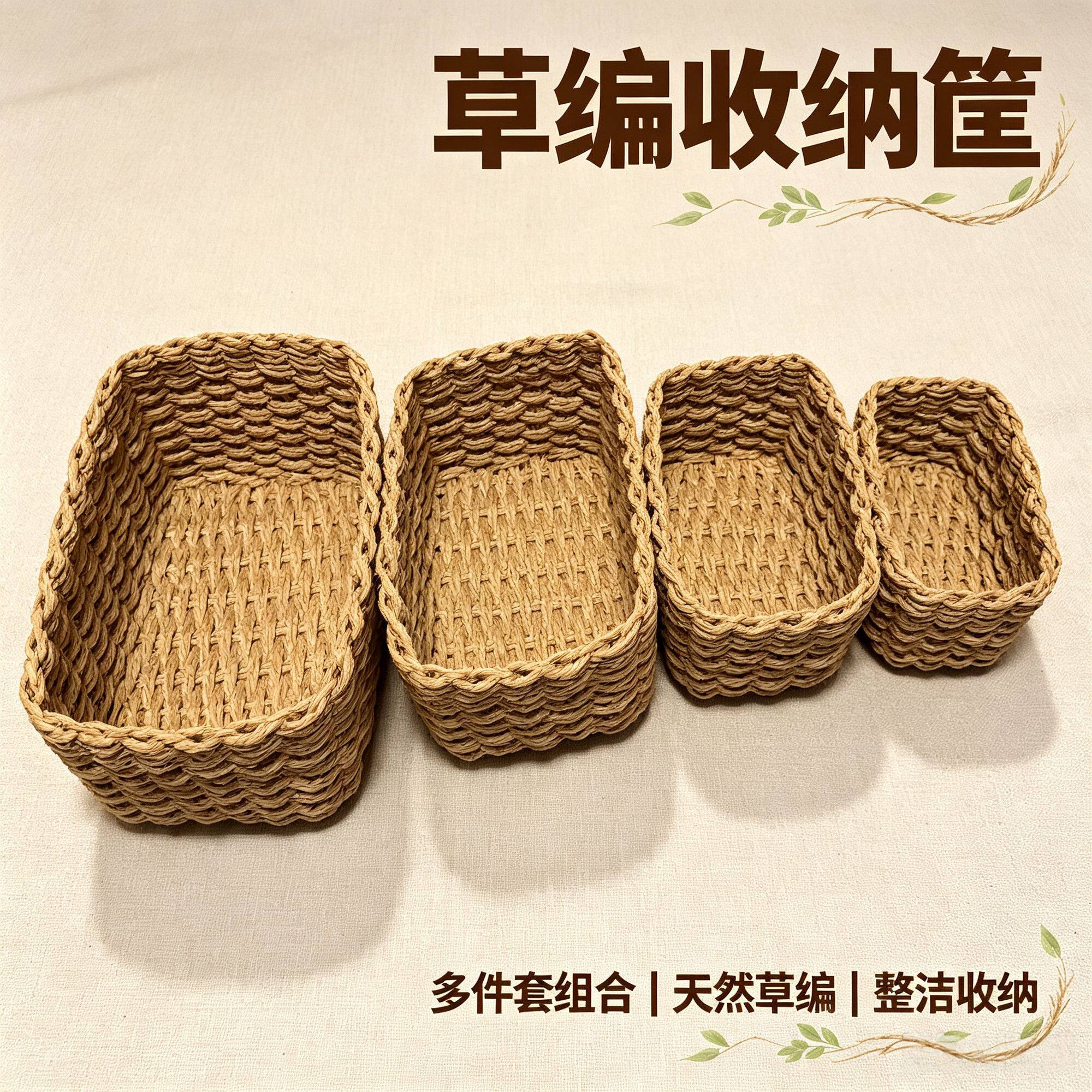 纸绳藤编草编收纳筐桌面杂物钥匙衣物编织储物收纳盒收纳筐