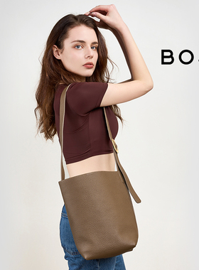 BOJA铂娅2026新款通勤大容量欧美复古头层牛皮单肩水桶包女