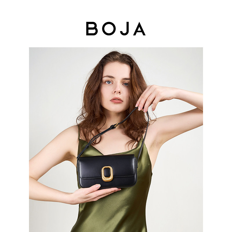 孙雪宁同款BOJA铂娅黑色法棍包女复古流行空姐包单肩斜挎腋下包