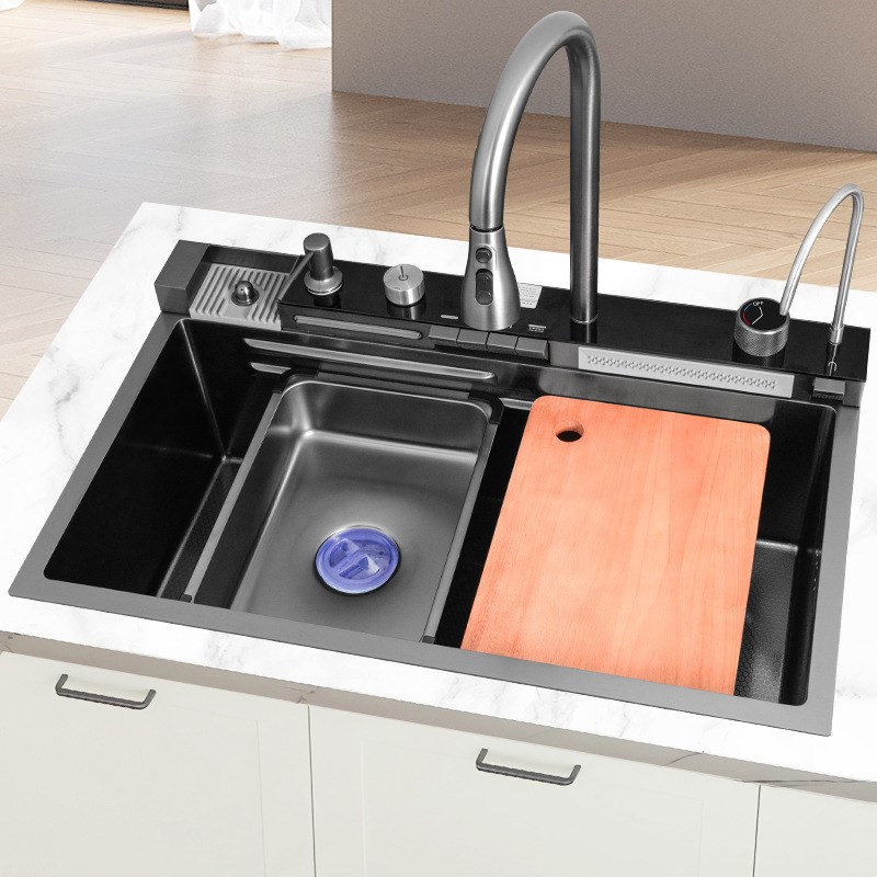 鲸鱼飞雨瀑布水槽l厨房家用多功能大单槽304不锈钢洗菜盆洗碗池