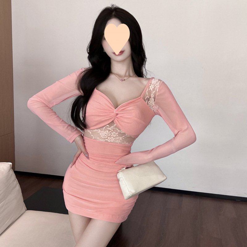 性感长袖连衣裙显瘦遮肉修身蕾丝拼接抽褶露背辣妹紧身包臀裙,女装/女士精品,连衣裙,淘宝优惠券,粉丝福利购,淘宝优惠卷