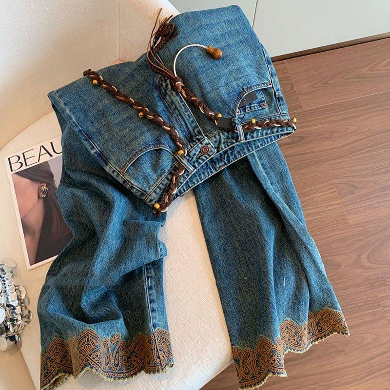 国风浅蓝色微喇刺绣直筒牛仔裤女秋冬新款高腰显瘦垂感阔腿裤子韩,女装/女士精品,大码裤装,淘宝优惠券,粉丝福利购,淘宝优惠卷