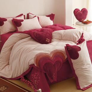 冬天喜庆红色爱心被套加厚保暖牛奶绒四件套冬款珊瑚绒结婚婚庆