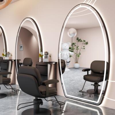 高端网红理髲店椭圆镜子发廊专用单面双面美发落地镜台带灯全身镜