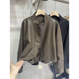 新款 300斤大碼 復(fù)古PU皮外套胖mm秋季 寬松顯瘦百搭長袖 女裝 上衣ins