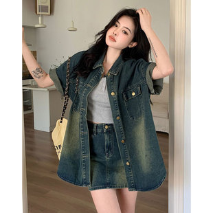 女胖mm宽松显瘦遮肉上衣潮 衬衫 300斤加肥加大复古做旧牛仔短袖