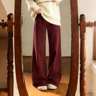 300斤大码女装胖mm慵懒风酒红色阔腿牛仔裤女高腰显瘦遮胯直筒裤