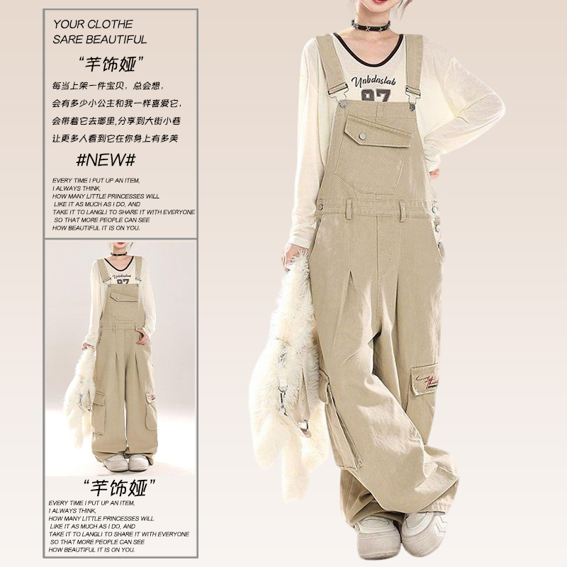 大码女装2025新款胖mm复古工装背带裤女宽松显瘦直筒阔腿连体长裤