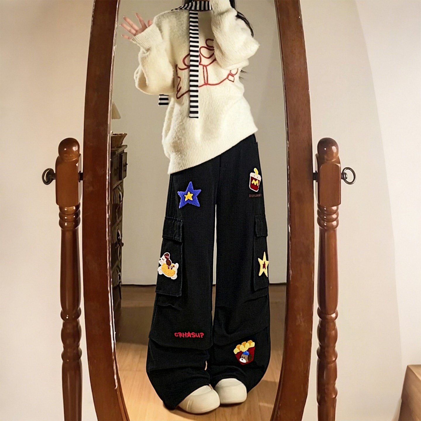 300斤胖mm大码女装卡通风阔腿牛仔裤女高腰显瘦宽松刺绣工装裤潮,女装/女士精品,大码裤装,淘宝优惠券,粉丝福利购,淘宝优惠卷