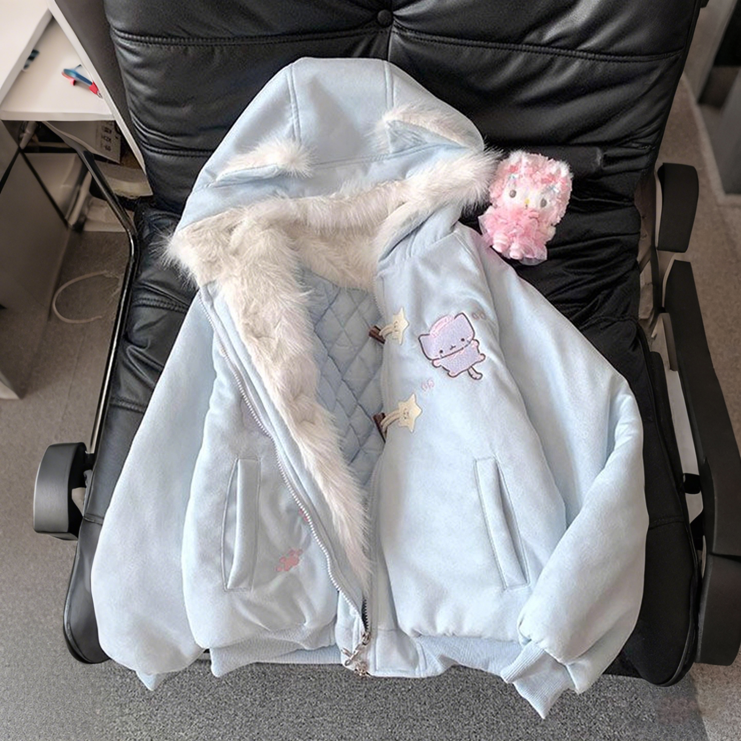 大码女装卡通刺绣连帽棉服