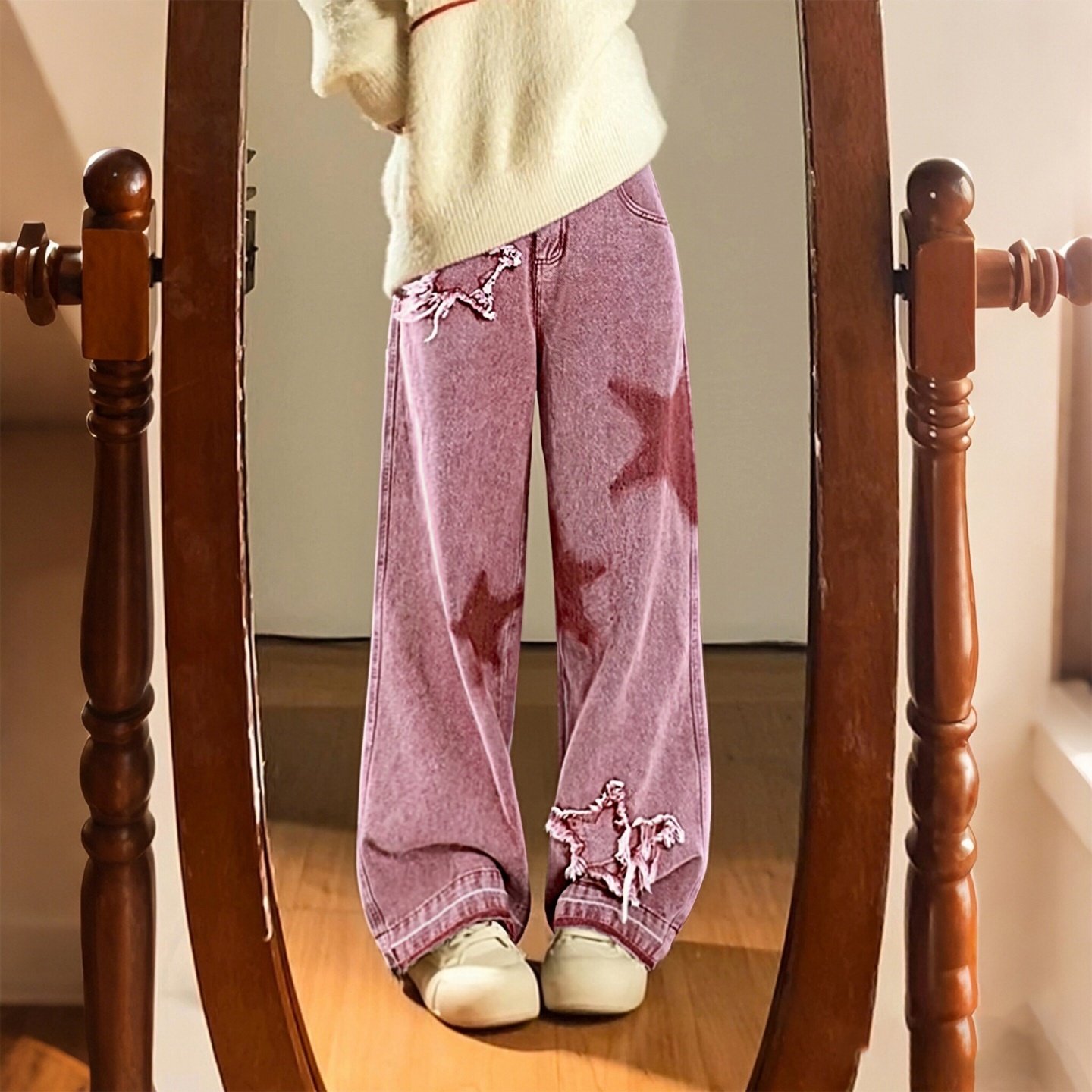 特大码女装胖mm美式风粉色星星阔腿牛仔裤女宽松高腰显瘦拖地长裤,女装/女士精品,大码裤装,淘宝优惠券,粉丝福利购,淘宝优惠卷