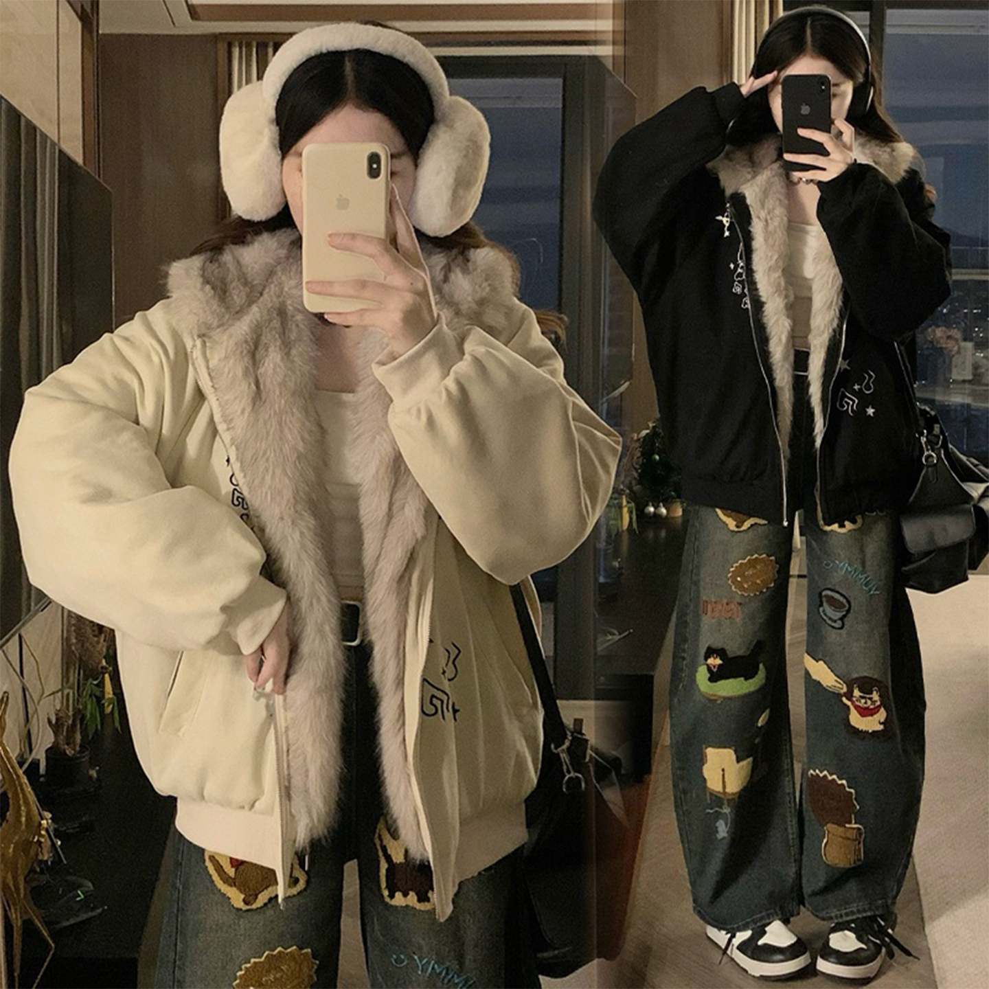 300斤大码女装毛领连帽棉服女