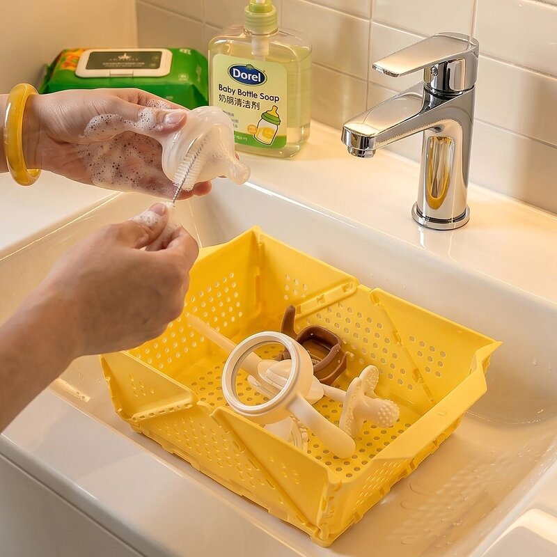婴儿辅食餐具滤水篮外出便携奶瓶奶嘴清洗折叠沥水晾晒收纳支架
