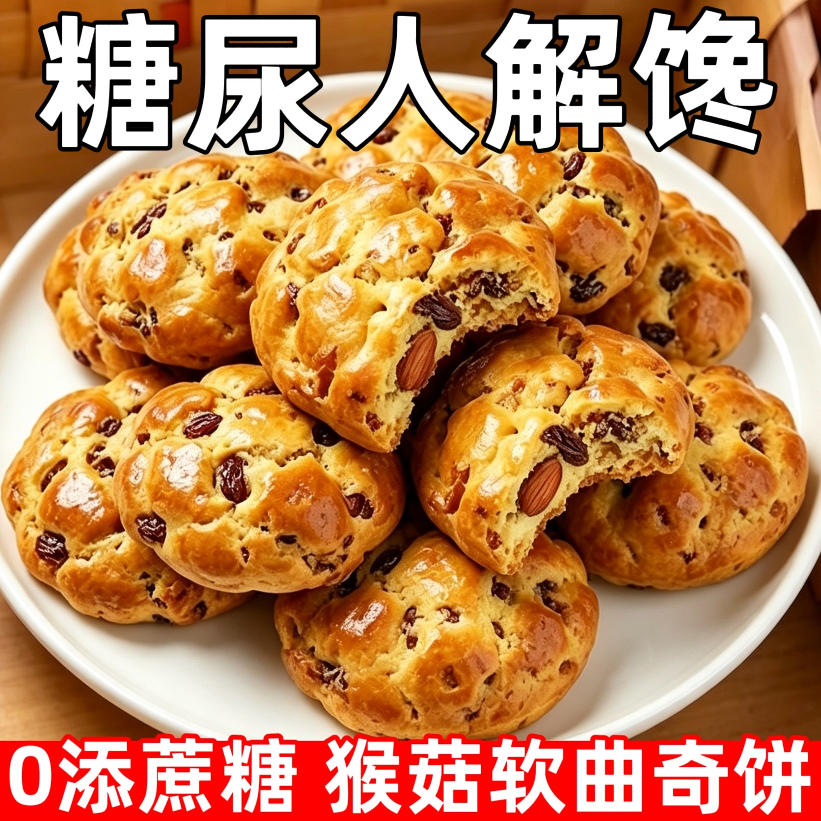 糖尿人可以吃的零食品无糖精零食无糖精猴菇全麦软曲奇中老年饱腹