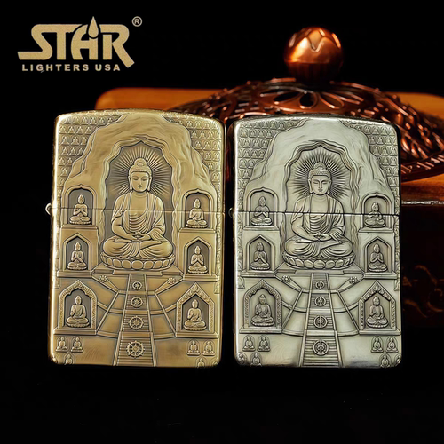 STAR恒星S41黄铜白铜五面浮雕做旧万佛朝宗煤油打火机黄铜煤油机