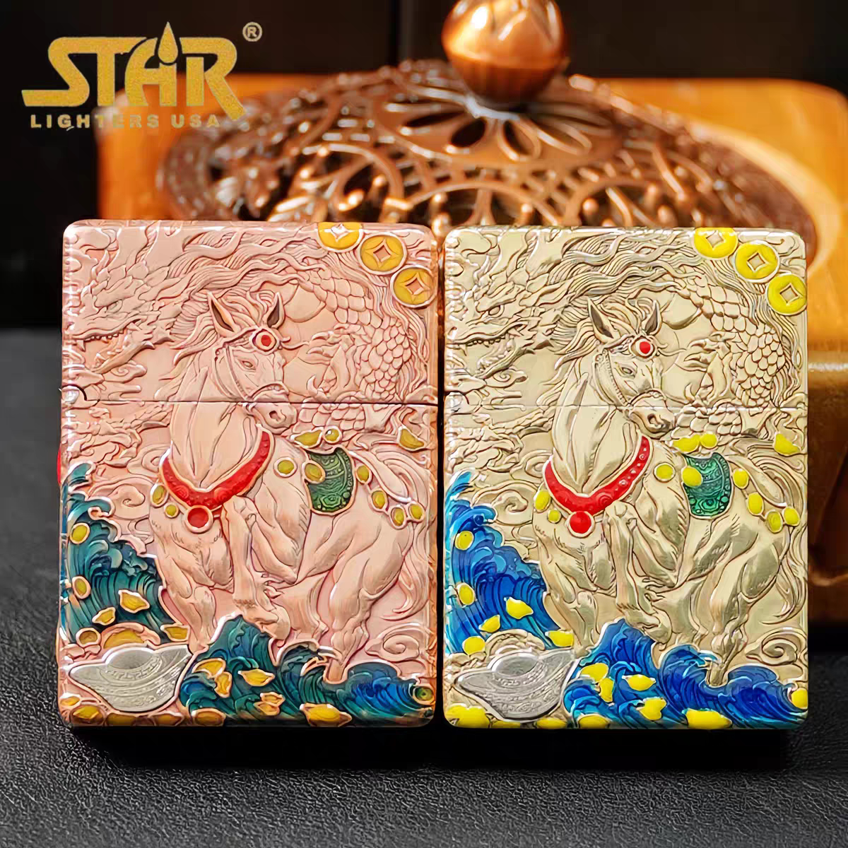 STAR恒星ST9紫铜黄铜浮雕珐琅彩马年限定马到成功煤油打火机
