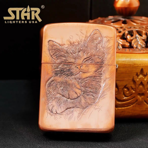s41紫铜浮雕仰望星空睡猫煤油打火机