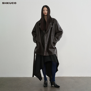 SHKUCO 复古低腰宽松廓形翻领皮夹克 荔枝纹环保皮质