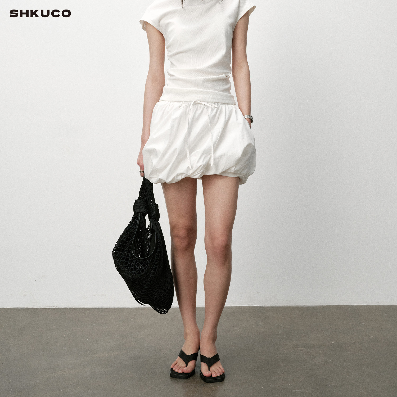 SHKUCO 夏日慢跑 长绒棉旋转花苞裙 运动少女感蓬蓬短裙半身裙