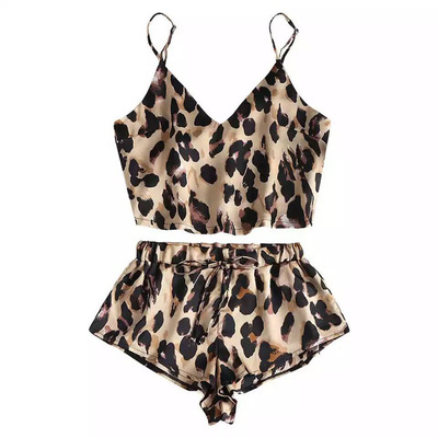 极速Leopard Print Sling Lingerie Homewear Set 豹Y纹吊带家居