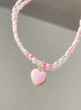 极速糖果彩色串珠爱心吊坠项链可爱少女锁骨链M2023年夏季新款气