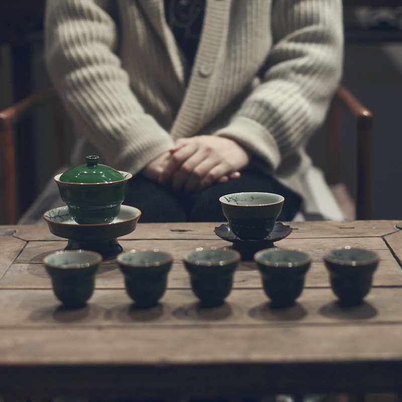 极速勿念《鹦鹉绿》纳福系列茶具 葫芦盖碗 主U人杯 手绘梅花