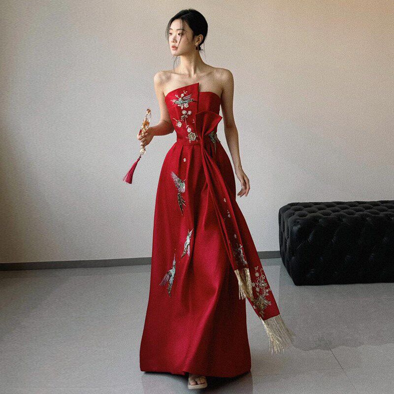 极速新中式晨袍敬j酒服女红色抹胸新娘结婚订婚国风小众轻奢回门