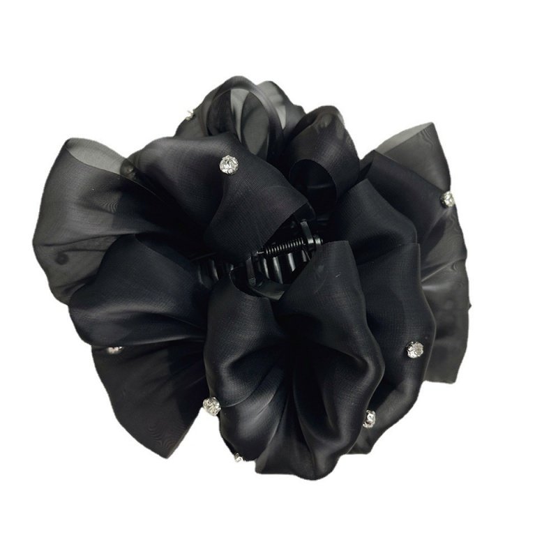 极速韩国双面水钻蝴m蝶结抓夹发夹后脑勺黑色微闪雪纱大号鲨鱼夹