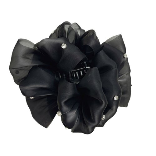 极速韩国双面水钻蝴m蝶结抓夹发夹后脑勺黑色微闪雪纱大号鲨鱼夹