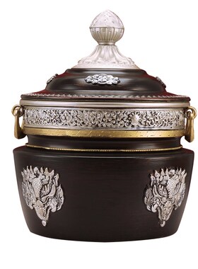 新品藏式格桑花合金糌粑盒款雕刻平底红银色果Q盘收纳直筒家用摆