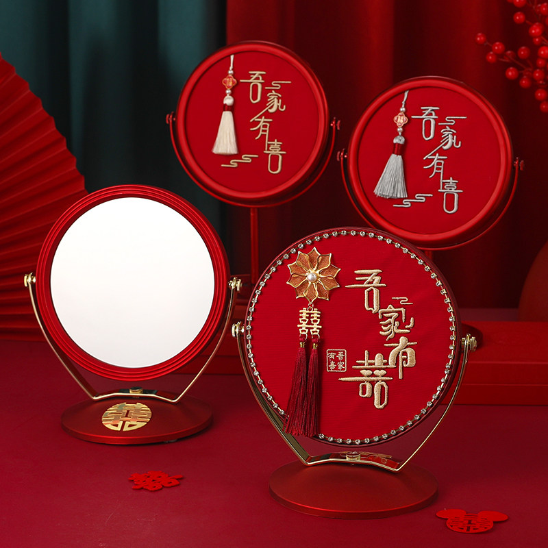 新品中国风喜镜婚礼新娘专用红z色化妆镜手持喜梳镜子一对结婚用
