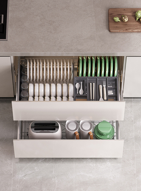 极速枪灰色304不锈钢碗碟篮厨房橱柜拉篮置N物架抽屉式厨柜碗架碗