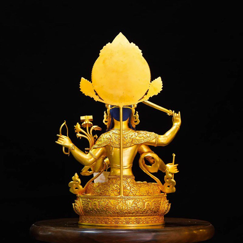 新品藏传纯铜浮雕佛光十寸飘带四臂文殊J佛像精品仿古鎏金铜像家