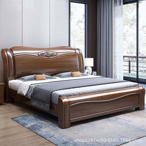胡桃木全实木床中式1.85米双人大床现代简约主卧储物婚床工厂直销