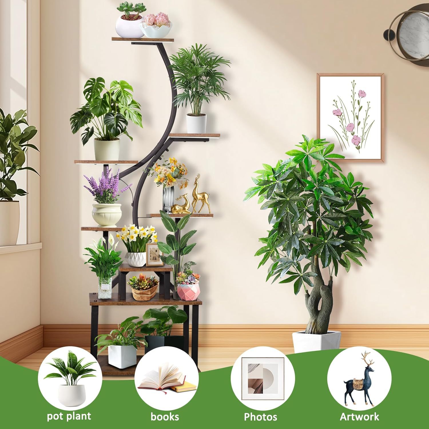 跨境金属植物架室内角落植物支架铁木结合创意多层花盆支架