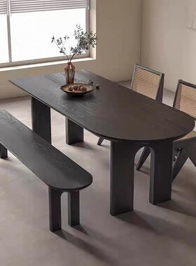 黑色诧寂风实木餐桌椅客厅家用原木长方形白蜡木大板工作台木桌子