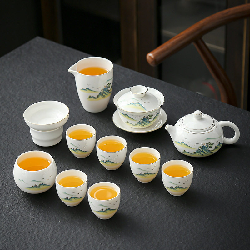 晟翔陶瓷茶具羊脂玉蛋杯江山盖碗茶壶主人杯12件套