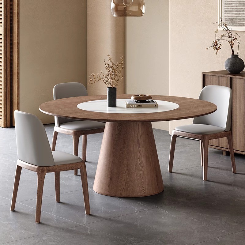 中古风实木圆形餐桌内嵌转盘现代简约家用小户型白蜡木圆形饭桌子