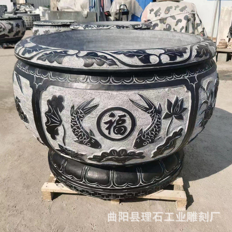 石雕门海青石鱼缸仿古法养鱼庭院装饰摆件工艺品圆形雕刻大水缸