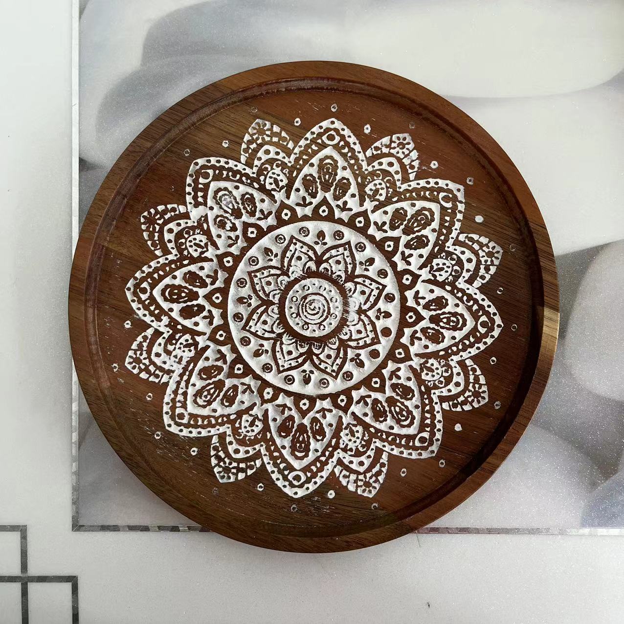 花型雕刻餐具盘子实木相思木圆形木制托盘木盘子餐盘蛋糕盘点心盘