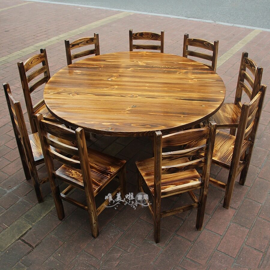 组合碳化炭烧酒店实木大排档饭店餐桌椅火锅圆桌椅松木火烧木tω