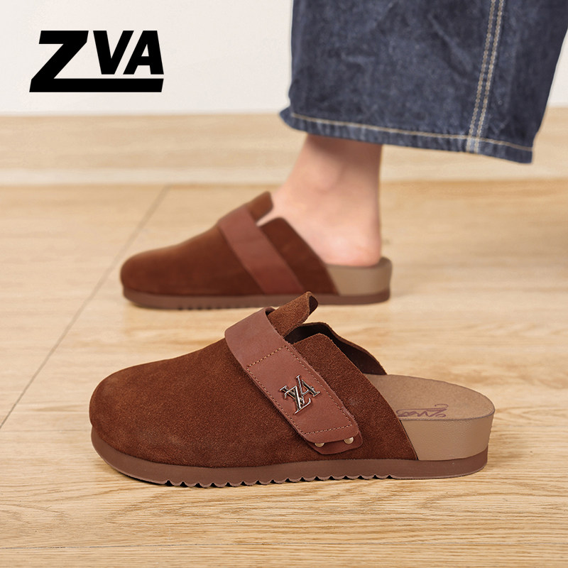 ZVA勃肯鞋女包头半拖鞋外穿防滑懒人一脚蹬真皮厚底女款拖鞋女鞋