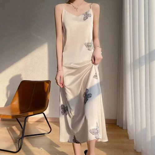 女士印花V领修身吊带连衣裙