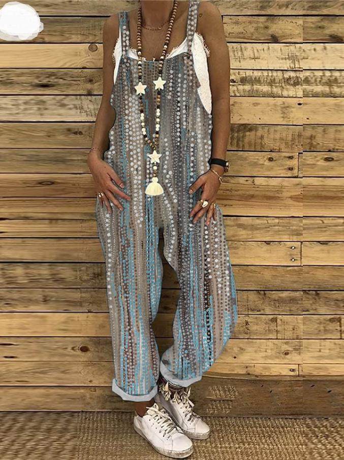 Vintage print loose-strap jumpsuit    复古印花宽松背带连体裤