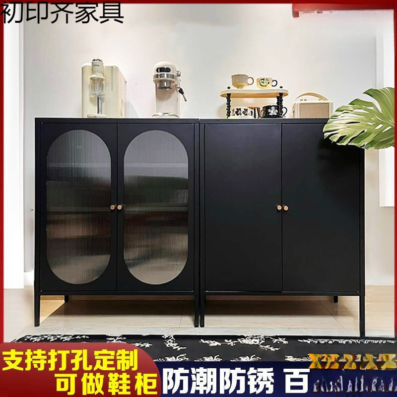 ins风黑色铁皮柜鞋柜防潮防锈厨房储物铁艺餐边柜出租屋收纳厂