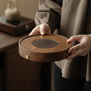 观岚胡桃木新中式 茶盘家用壶承蓄水排水实木干泡台茶具托盘小茶台